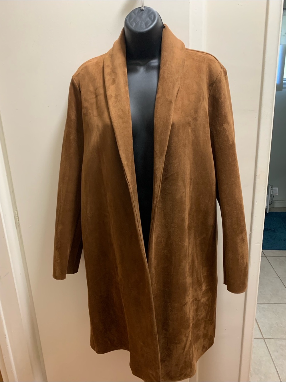 T Tahari Brown Faux Leather/Suede Long Open Coat Jacket Knee Length Fall Large